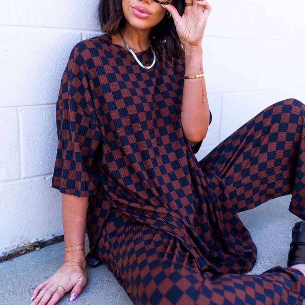 Dressed in LALA Mocha Checkered Brown and Black Playsuit Pants + Top Set